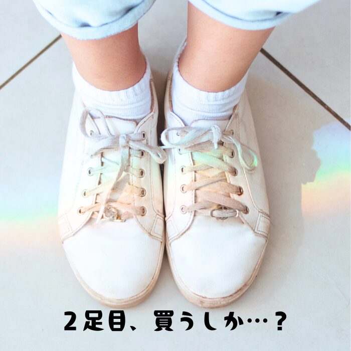 「履き倒したスニーカーの写真。テキスト『2足目、買うしか…?』」