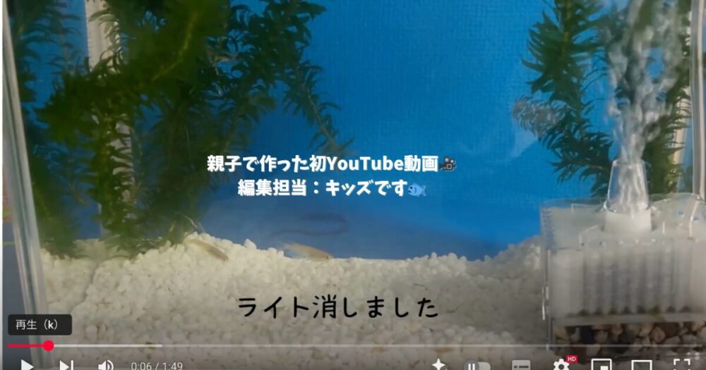 親子で作った初めてのYouTube動画を紹介するブログ記事のアイキャッチ画像。メダカ水槽の様子と「編集担当：キッズです」の文字入り。