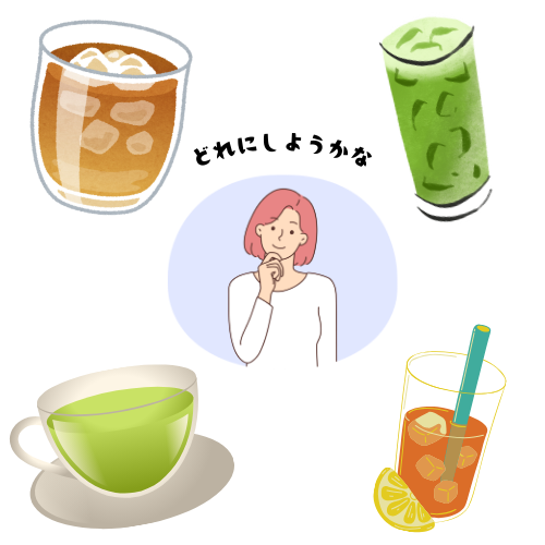 どのお茶にするか迷っている女性のイラスト
