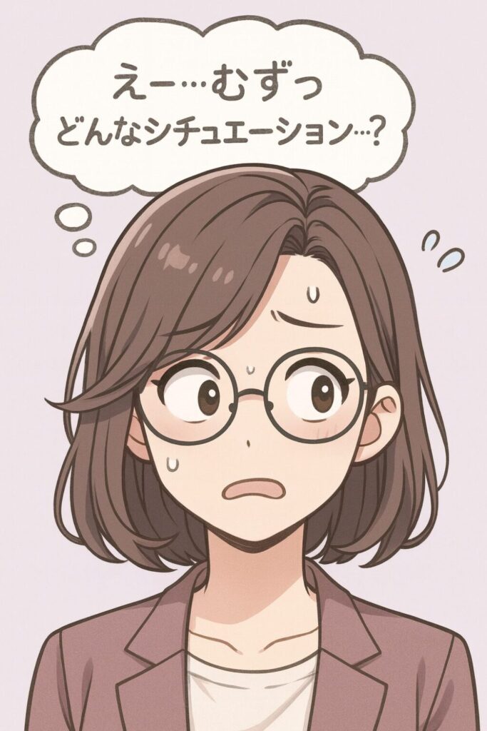 メガネをかけた女性キャラが、困った表情で頬に汗をかいているイラスト。
頭の上に吹き出しがあり「え…むずっ どんなシチュエーション…？」と書かれている。
質問に戸惑っている様子の、柔らかい漫画タッチの絵。
