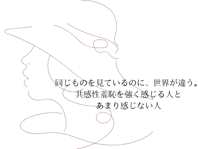 「線画で描かれた横顔の女性のイラスト。中央に『同じものを見ているのに、世界が違う。共感性羞恥を強く感じる人と、あまり感じない人』というテキストが配置されている。」