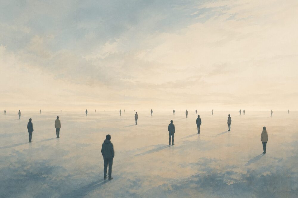 静かな空間に人影がばらばらに立つ、孤独とつながりを感じさせるミニマルなイラスト