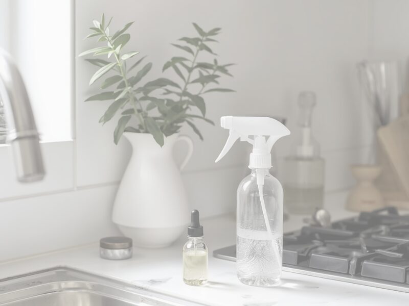 キッチンのシンク横に置かれたスプレーボトルとハッカ油の小瓶。セスキ水を使ったナチュラルクリーニングのイメージ。