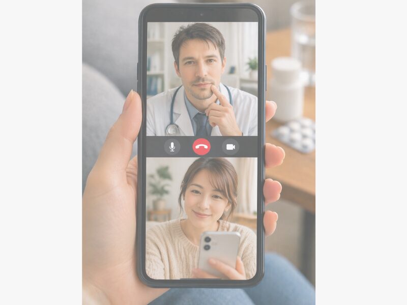 オンライン診療でスマホ越しに医師とビデオ通話する様子