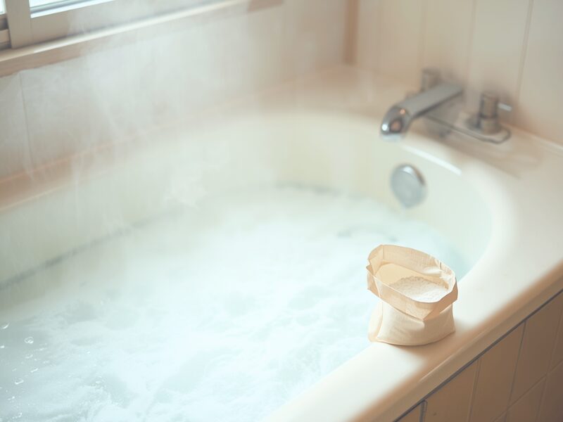 お風呂の湯船と縁に置かれた塩化マグネシウムの粉末