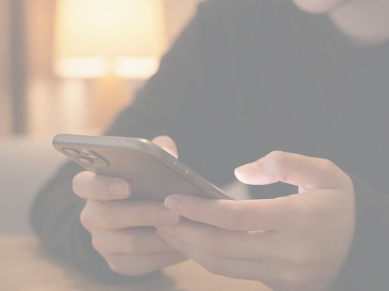 夜の静かな部屋で、スマートフォンを見つめる女性の手元。やわらかな光に照らされた、ひとりの時間。