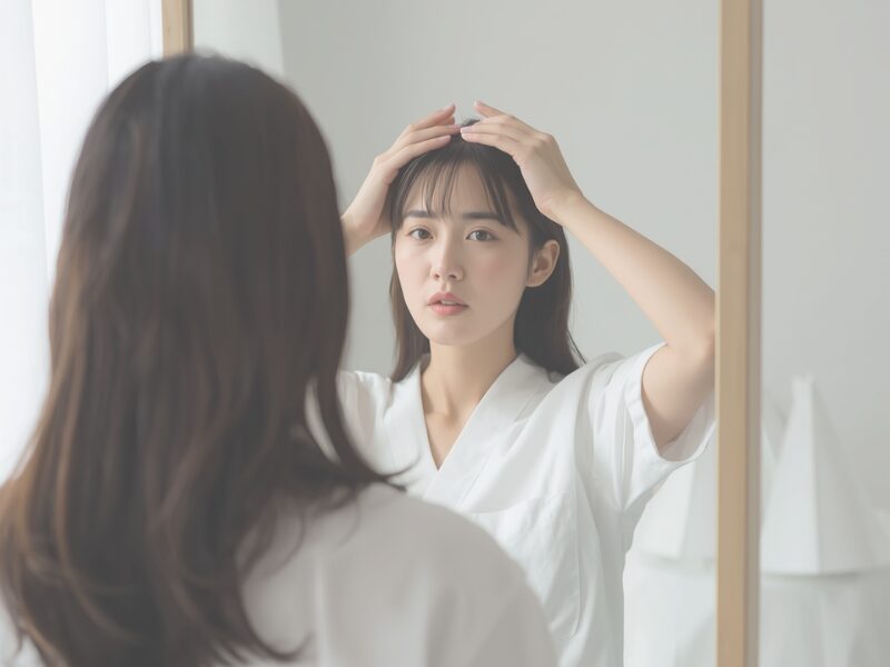 鏡の前で頭頂部を手で確認している女性(分け目やつむじを気にしている様子)