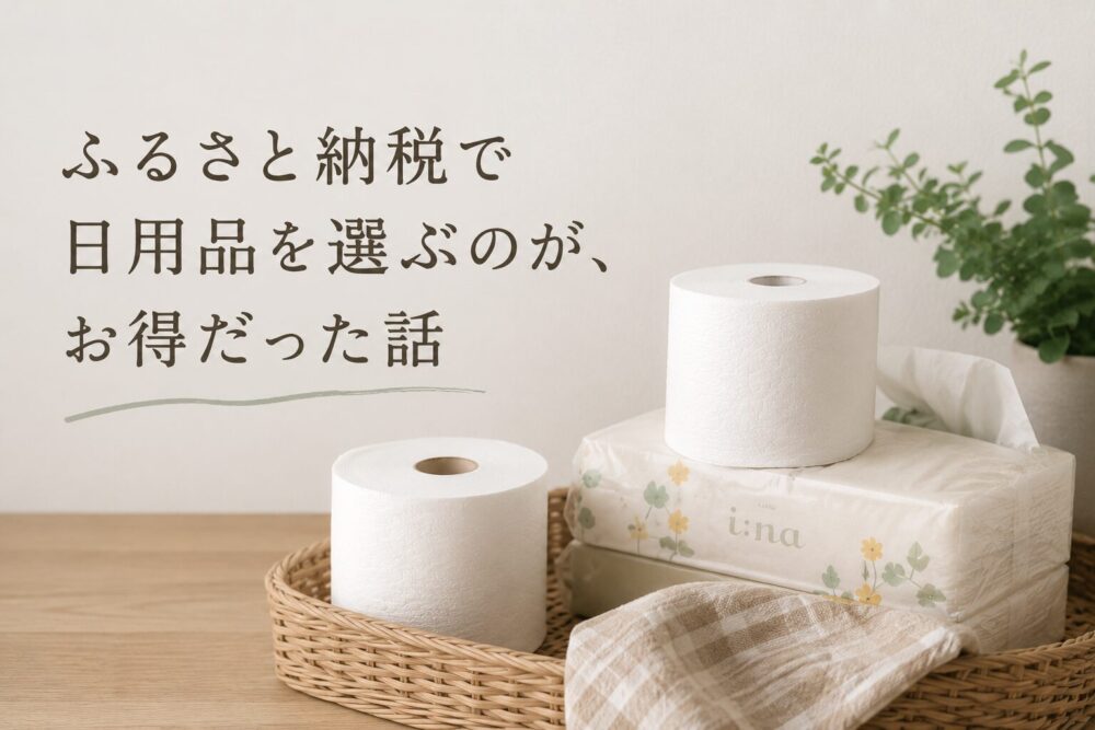 トイレットペーパーとソフトパックティッシュをナチュラルなかごにまとめて置いた、ふるさと納税の記事用アイキャッチ画像。「ふるさと納税で日用品を選ぶのが、お得だった話」という文字が入った、やさしい雰囲気のデザイン。