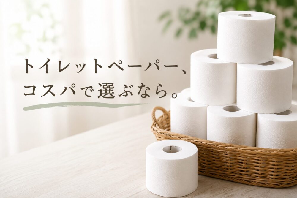 大容量のトイレットペーパーをかごにまとめて置いた、ナチュラルな雰囲気のブログ記事用アイキャッチ画像。「トイレットペーパー、コスパで選ぶなら。」という文字が入った、シンプルで生活感のあるデザイン。