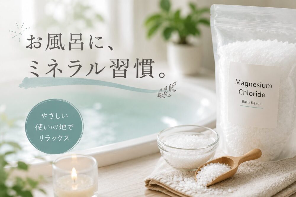塩化マグネシウムのフレークと木製スプーンを、お風呂のイメージ背景と一緒に配置したブログ記事用アイキャッチ画像。「お風呂に、ミネラル習慣。」という文字が入った、ナチュラルでリラックス感のあるデザイン。