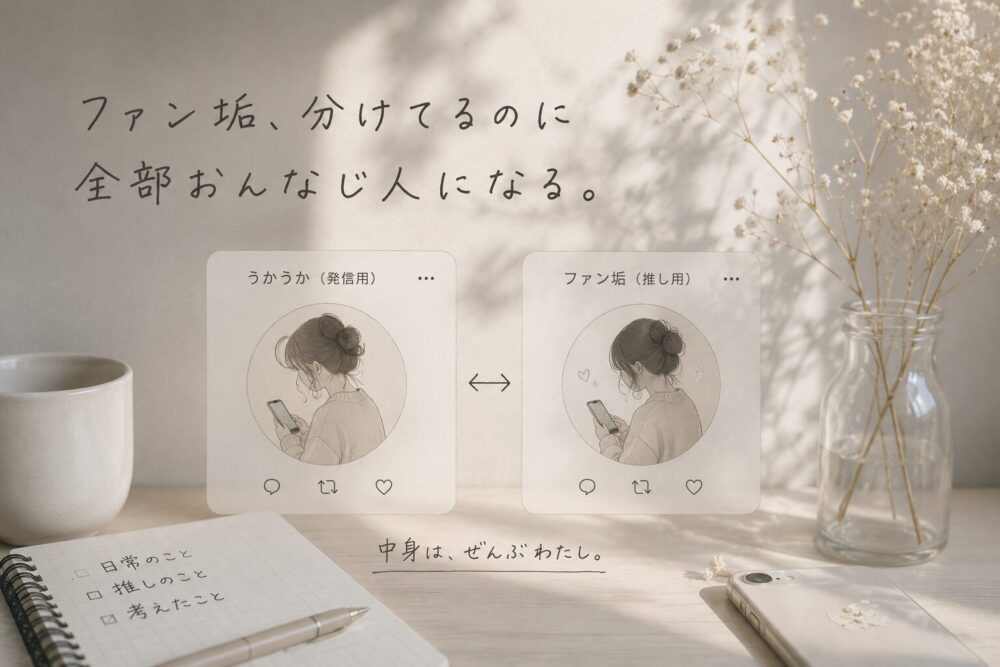 発信用アカウントとファン垢、2つのSNSアカウントを並べて描いた、人格とネット上の自分について考える静かなアイキャッチ画像