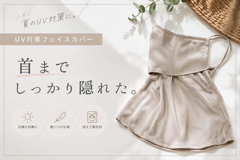 ベージュのUV対策フェイスカバーを紹介したアイキャッチ画像。首まで隠れるデザインのフェイスカバーが置かれており、「首までしっかり隠れた。」という文字が入っている。ナチュラルなベージュ系カラーで、夏の日焼け対策をイメージしたシンプルなデザイン。