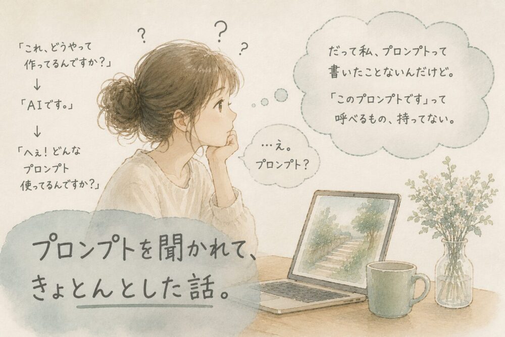 水彩風のイラスト。ノートパソコンの前で首をかしげる女性。吹き出しには「プロンプト？」とあり、「だって私、プロンプトって書いたことないんだけど。」という心の声が描かれている。左側には「インスタの絵、どうやって作ってるんですか？」「AIです。」「どんなプロンプト使ってるんですか？」という会話が並び、タイトルは「プロンプトを聞かれて、きょとんとした話。」。