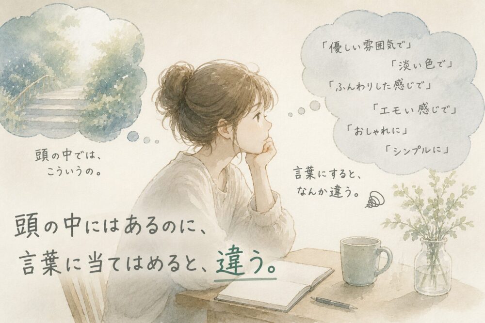 水彩風のイラスト。ノートを前に考え込む女性が、頭の中にある風景と、それを表そうとする言葉の違いに悩んでいる様子。左の吹き出しには頭の中の風景、右の吹き出しには「優しい雰囲気で」「淡い色で」「ふんわりした感じで」など言葉が並び、「言葉にすると、なんか違う。」と書かれている。タイトルは「頭の中にはあるのに、言葉に当てはめると、違う。」。