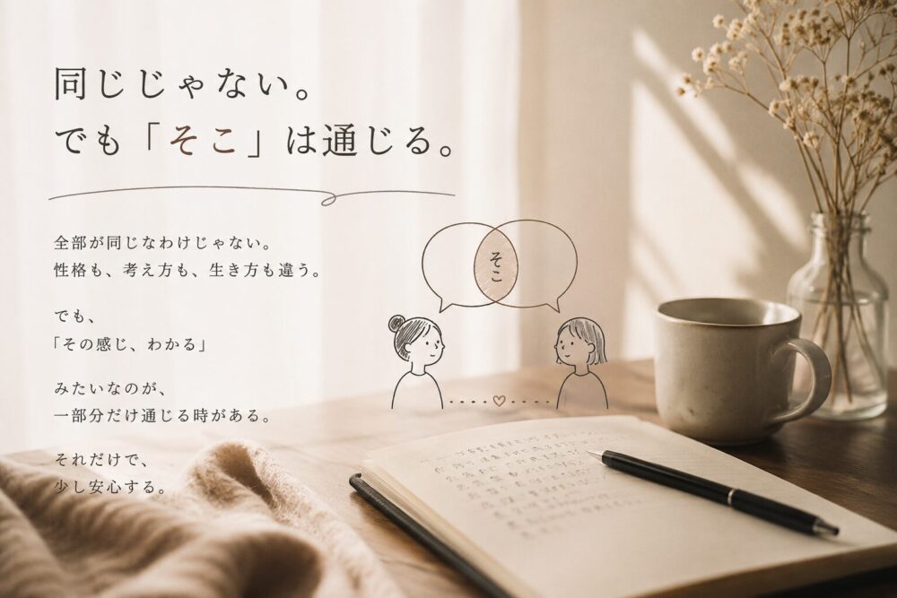 ノートとマグカップが置かれた静かな部屋のイラストに、「同じじゃない。でも『そこ』は通じる。」という文字が配置されたブログ用アイキャッチ画像。性格や考え方は違っても、一部分だけ感覚が通じる安心感をやわらかい雰囲気で表現している。
