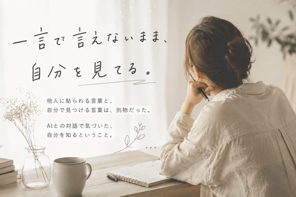 一言で言えない自分について考える女性の後ろ姿と、「他人に貼られる言葉と、自分で見つける言葉は別物だった」というメッセージが入った、やわらかい雰囲気のアイキャッチ画像。