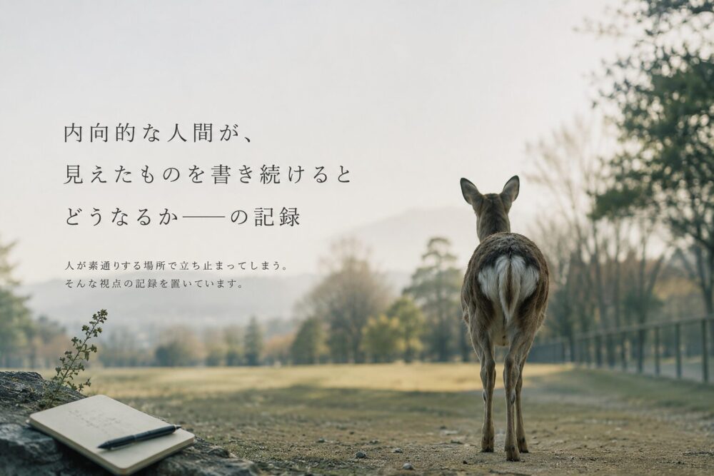 鹿とノートを背景にした、観測と思考をテーマにしたブログのアイキャッチ画像