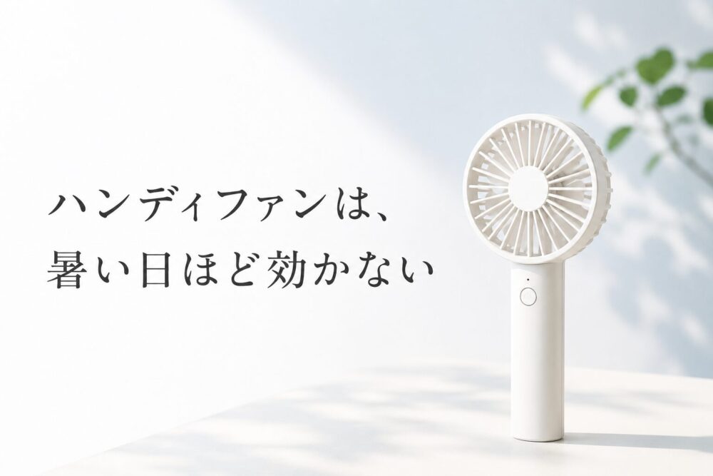 白いハンディファンと「ハンディファンは、暑い日ほど効かない」というタイトルのアイキャッチ画像